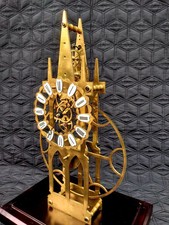 Vintage Skeleton Clock Great Wheel Brass 20th Century Mantel Clock Glass