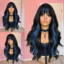 Synthetic Hair Cosplay Party Wigs With Fringe Long Wavy Wear and Go Black blue