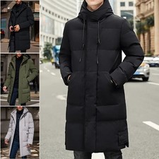Winter Mens Long Puffer Coat Hooded Cotton Quilted Jacket Thick Padded Overcoats