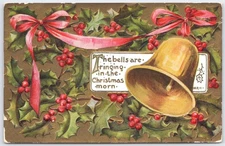 Vintage Christmas Postcard Holly & Bell 'The Bells Are Ringing'