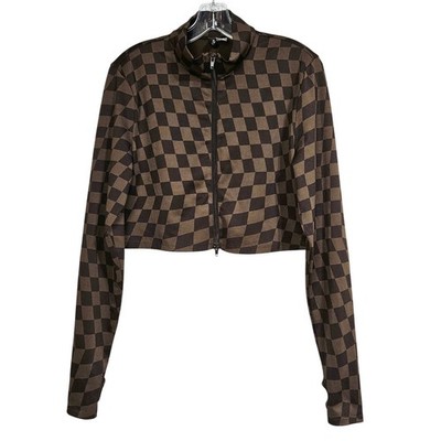 Brown Checkered 2-Way Zip Cropped Jacket XL Indie Y2K Streetwear Grunge Gorpcore