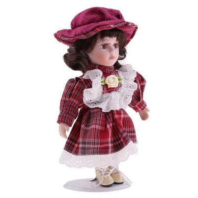 20cm Vintage Porzellan Curly Girl Doll People Figuren Mit Rotem Kariertem Kleid