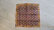 Silk Vtg Scarf, 17" Pocket Sq; Buildings Flowers; India, Brown, Orange Mustard