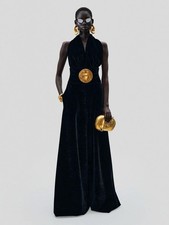 Velvet Schiaparelli Style Wide Leg Jumpsuit Women Halter Backless High Waist