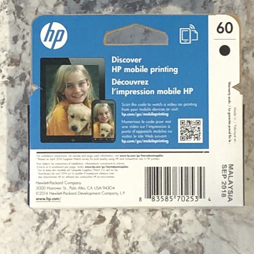 Genuine Original HP Black 60 Ink Cartridge Exp. 09/2018 New In Box - Picture 3 of 8
