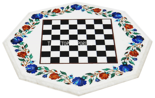 18" Weiß Marmor Kaffee Schach Tischplatte Selten Intarsien Kunst Valentinstag Dekor - Bild 1 von 4