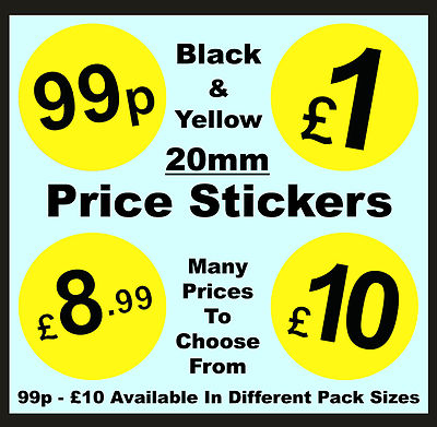 20 mm schwarz & gelb Preispunkt Aufkleber/klebende Swing Tag Etiketten £1, £5, £10