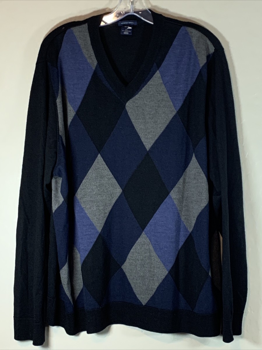 Gap Blue Gray Argyle Print Wool Blend V Neck Pullover Sweater Size L
