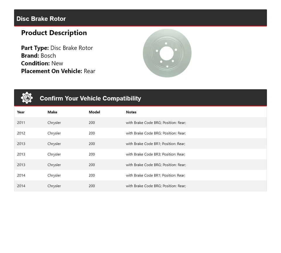 Rotor de freno de disco trasero para Chrysler 200 Bosch QuietCast 2011-2014 2012 2013 Foto 2 de 4