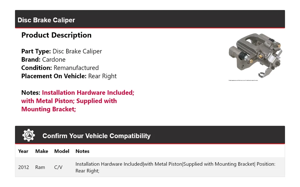 Pinza de freno de disco trasera derecha Cardone Ram C/V 2012 Foto 2 de 4