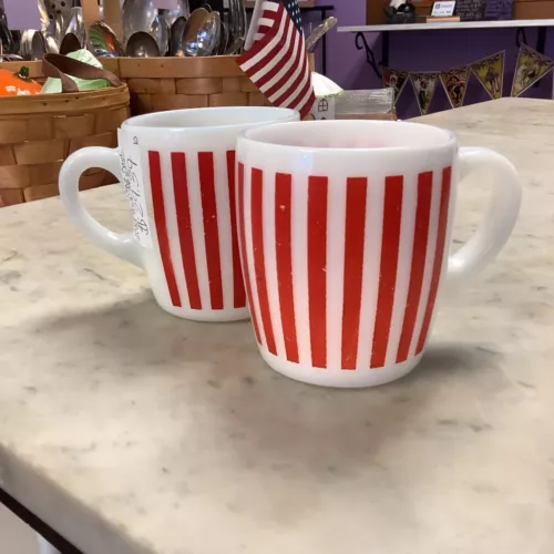 Hazel Atlas Red Striped Milk Glass Mug Set