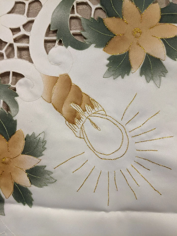 Vintage Satin Tablecloth Cut-Outs Stitched Flowers, Leave and Candles 33" x 33"  - Image 2 of 4