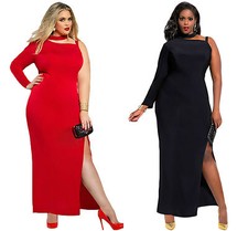 Ladies Women Evening One Sleeve High Slit Maxi Red Black Dress Plus Size 16 18