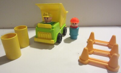 Vintage Fisher Price Little People , Dump Truck barrels cones  workers