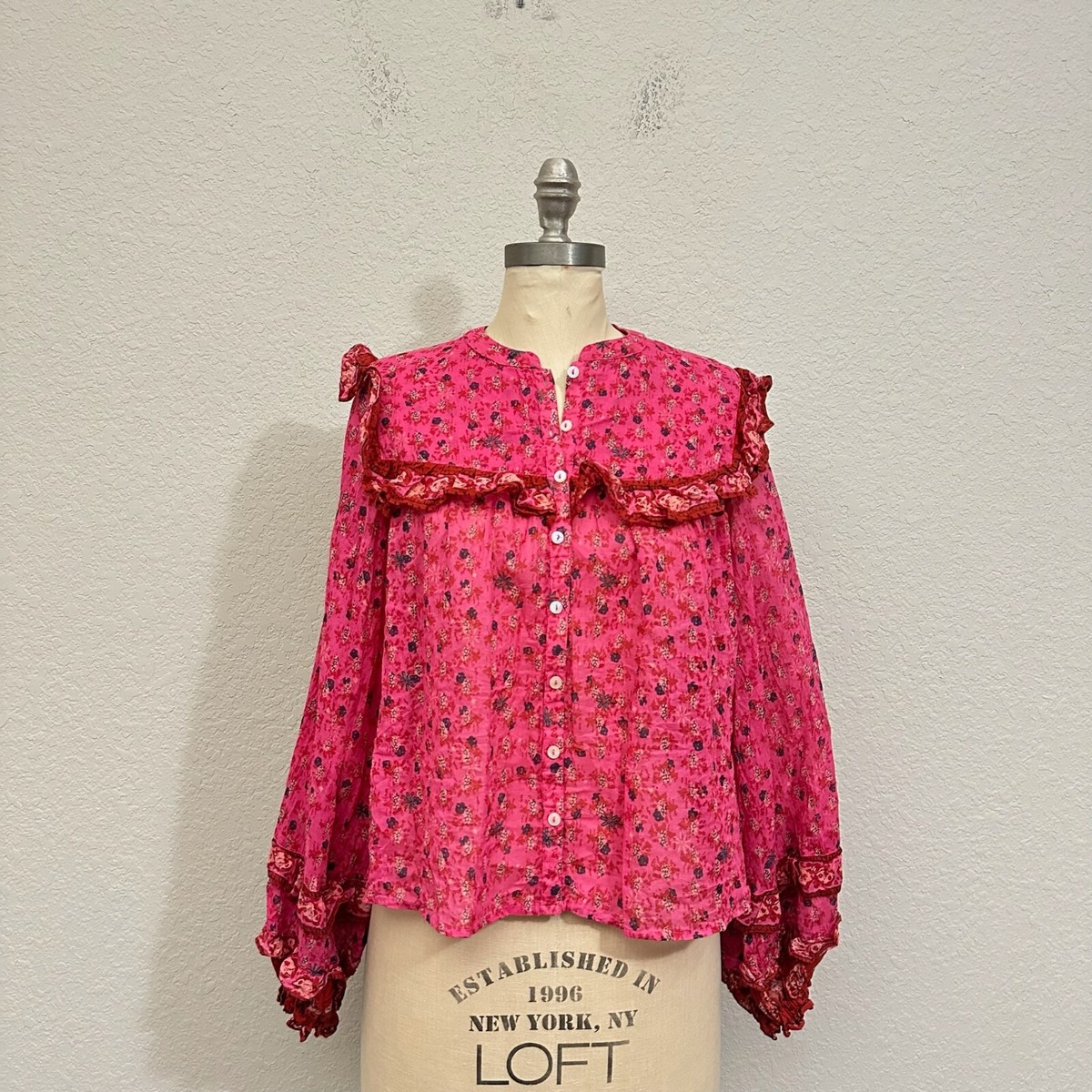 FREE PEOPLE Jenna Floral Printed Blouse Long SLeeve in Raspberry Sz XS  W9374 | eBay