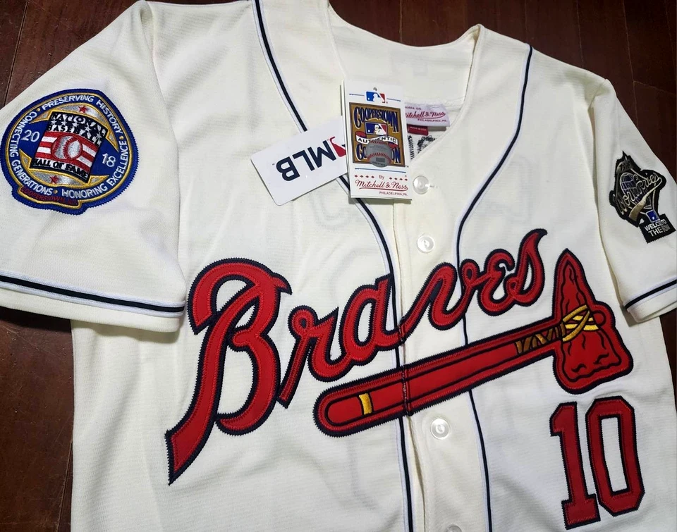 Новый! Футболка C" Atlanta Braves No10 Chipper Jones WS нашивка с нашивкой ОГРАНИЧЕННОЕ ИЗДАНИЕ цвет слоновой кости - Изображение 3 из 4