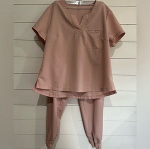 JAANUU Women's Pink/Blush V Neck Top Drwstring Bottom JoggerScrub Set Size XL