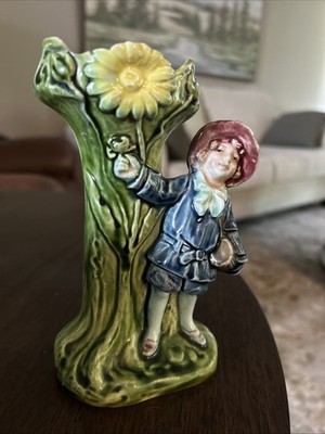  Antique Ernst Wahliss Majolica Figural Spill Vase Boy Sunflower #9535 c.1900 