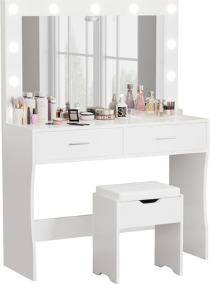 Lighted Vanity Desk Set with Adjustable Brightness & Cushioned Stool - White