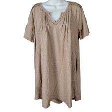 Umgee USA Tan Heathered Pleated V-Neck Shift Dress w/ Pockets Med peasant boho