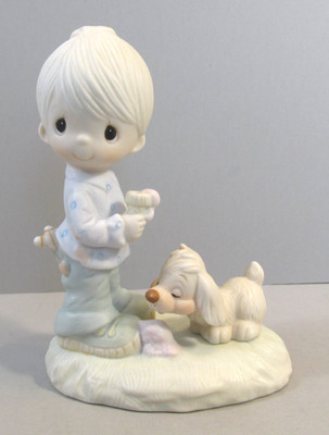 1976 Precious Moments ''Praise the Lord Anyhow'' Boy with Dog Figurine - E-1374/B