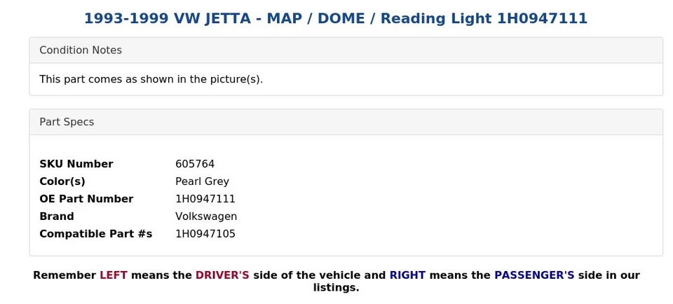 VW JETTA 1993-1999 - MAPA / CÚPULA / luz de lectura 1H0947111 Foto 4 de 4