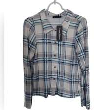 New Luna Moon Plaid Soft Button Down Pajama Shirt Grey Womans Medium