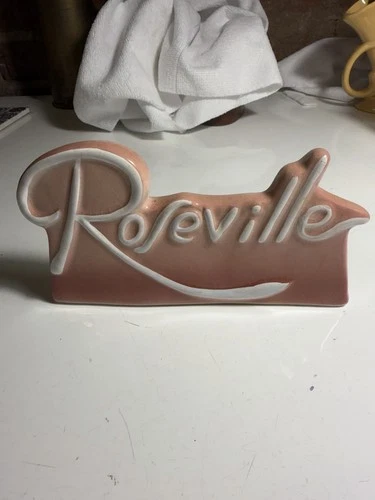 Roseville Pottery Dealer Sign Plaque Dusty Pink