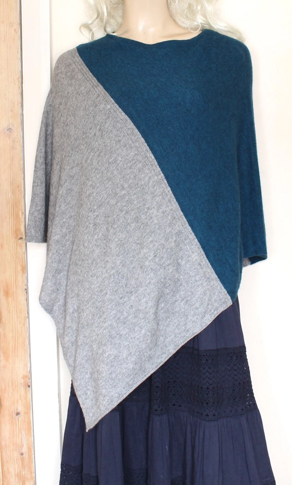 Celeste Blue Grey 90% wool 10% cashmere poncho jumper size os/10-12-14-16–18