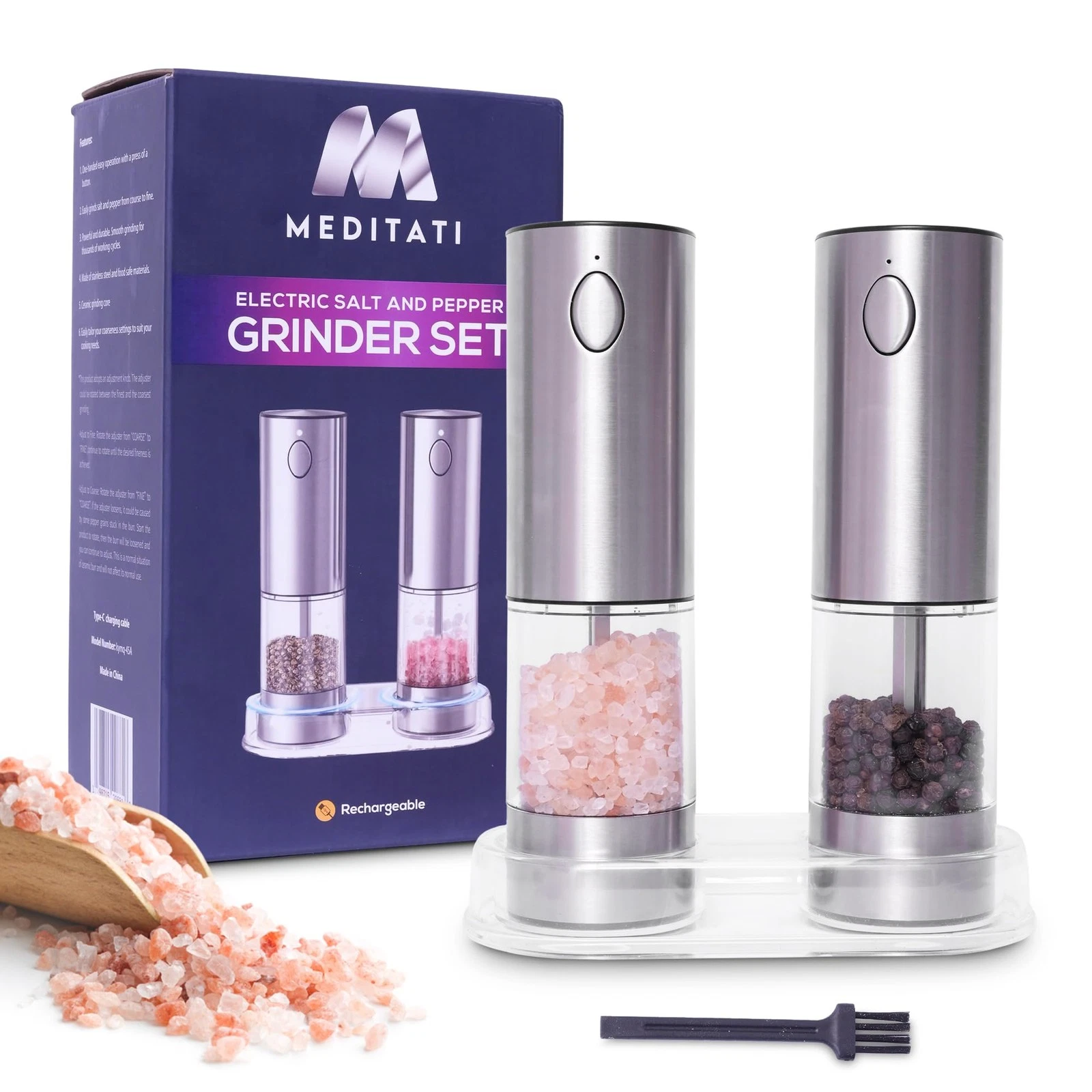 Meditati Rechargeable 2 large capacity rechargeable spice grinders, Silver