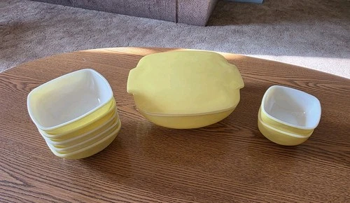 Vintage Pyrex Square, Yellow Hostess Bowl with Lid & 7 Serving Bowls