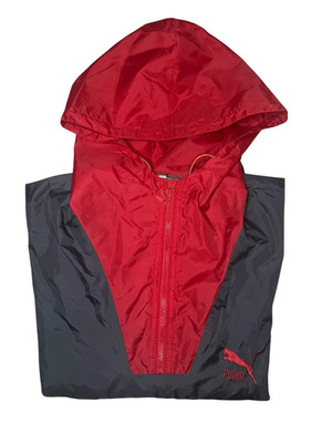 Vintage 90s Puma Windbreaker Jacket Grey Red Hooded   Size L