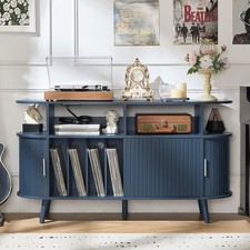 Extra Large Round Record Player Stand W/ Charging Station Mid Century Modern