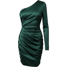 SheIn Dress Womens 1XL Green Satin One Shoulder Ruched Bodycon Party
