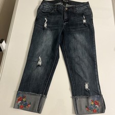 Baccini Women's Denim Capri Jeans Embroidered Flowers W/ Cuffs, Size 10 Petite