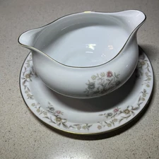 Yamaka China White Floral Gravy Boat With Attached Underplate Helena