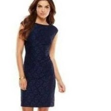 Womens Party Dress 10 Navy Blue Sheath Lace Back Zip Cap Sleeve Crew Lined Dress