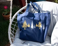 Pine Trees Cotton Tote Bag, Grocery Shopping Blue Cloth Bag,