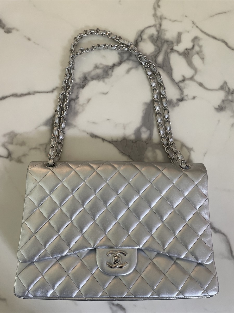 Chanel Classic Single Flap Bag Quilted Lamb Maxi Silver