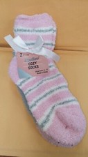 Ladies Cozy Socks Pink/White Gray/Pink/Gray Stripe Shoe Size 4-11 - 2 pair