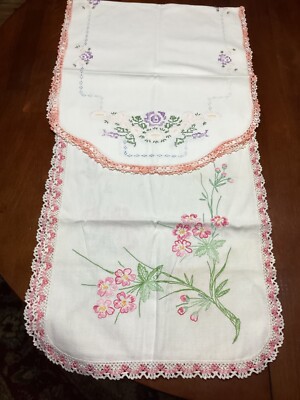 Vintage embroidery floral table runner PINK/PEACH Bobbin Lace Trim