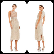 MAC DUGGAL SLEEVELESS HIGH NECK BEADED MIDI SHEATH DRESS SIZE 8