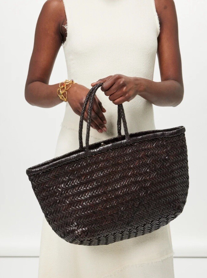 100% Leather Triple Jump Woven Leather Tote  - Dark Brown Large