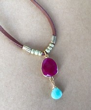 NEW Sundance Charm Necklace leather brown cord handmade artisan gemstones