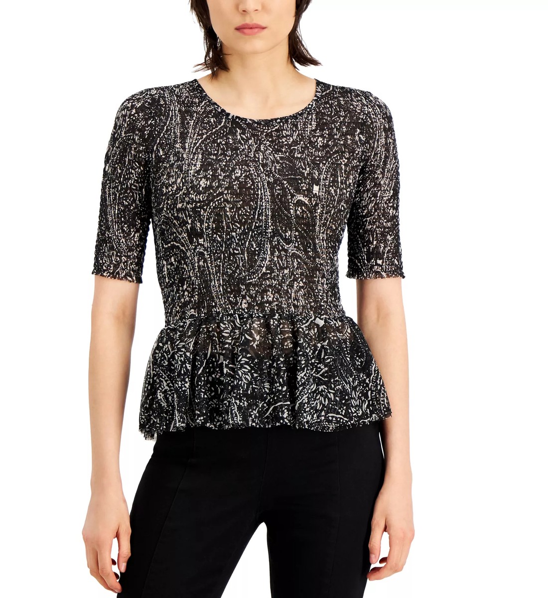 LX027/ INC Petite Printed Smocked Peplum Top Black White Sz PS