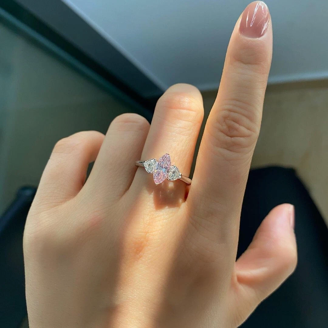 Engagement Sterling Silver Ring CZ Marquise Pink White 925 Women Jewelry