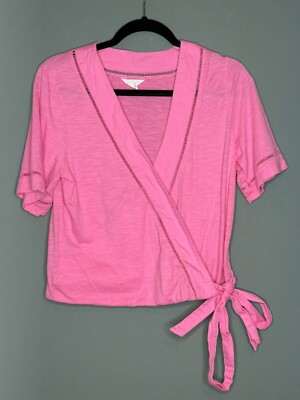CASLON Women's Small V-Neck SS Embroidered Hem Wrap Top Pink