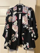 Chicos Black Floral Open Front Jacket Women s 3/4 Sleeve Sz 1 US Medium NEW
