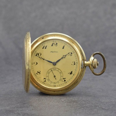 Gold ALPINA 14k yellow gold hunting cased pocket watch precision adjustment