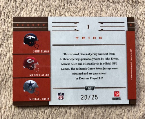 *2008 National Treasures All Pros Trios #1 John Elway/ Allen/ Irvin 20/25 Jsy - Picture 2 of 2
